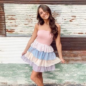 STORIA RUFFLED SPAGHETTI STRAP SHIRRED DRESS